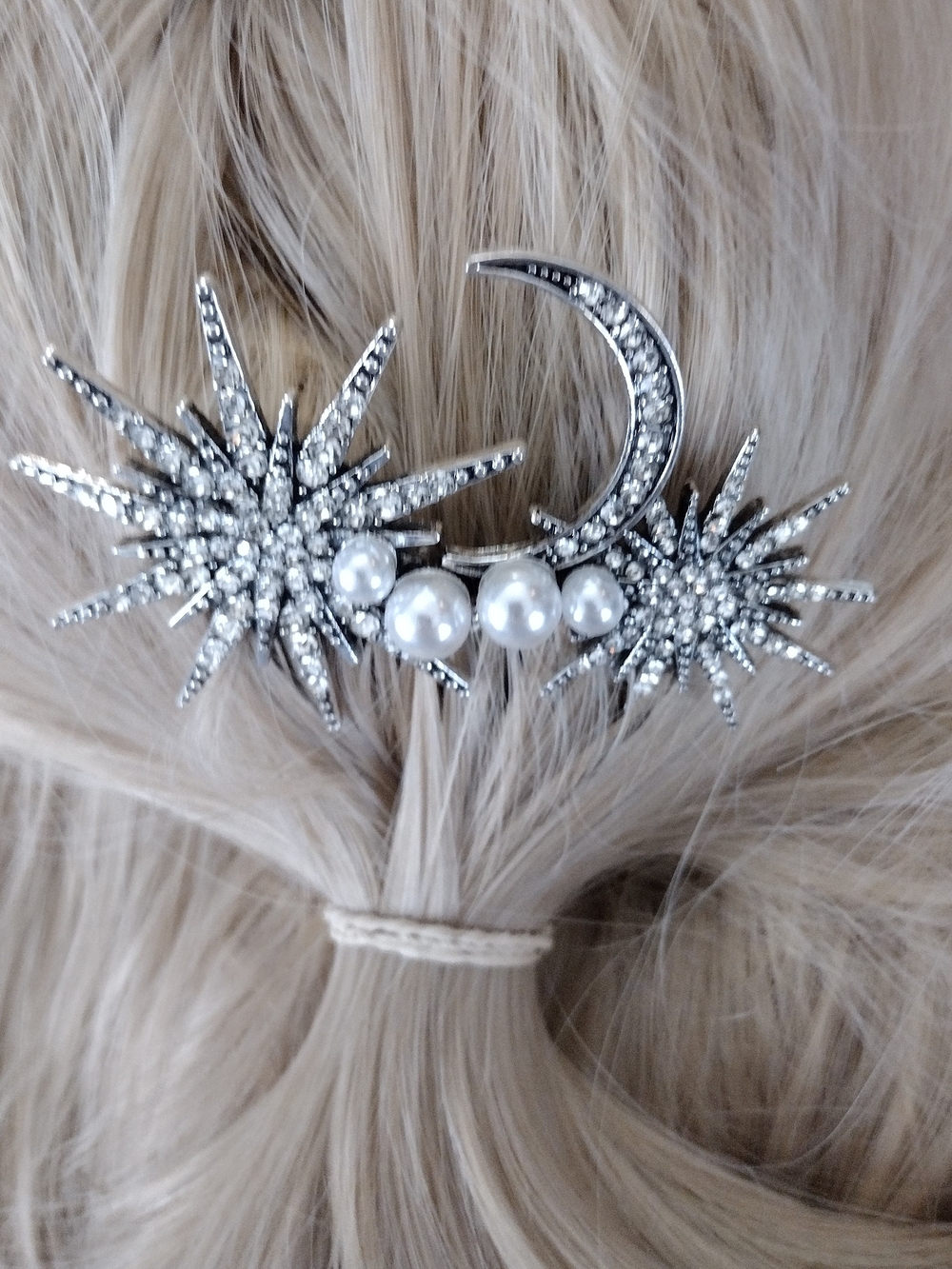 Silver Starburst Moon Hair Clip with Pearls